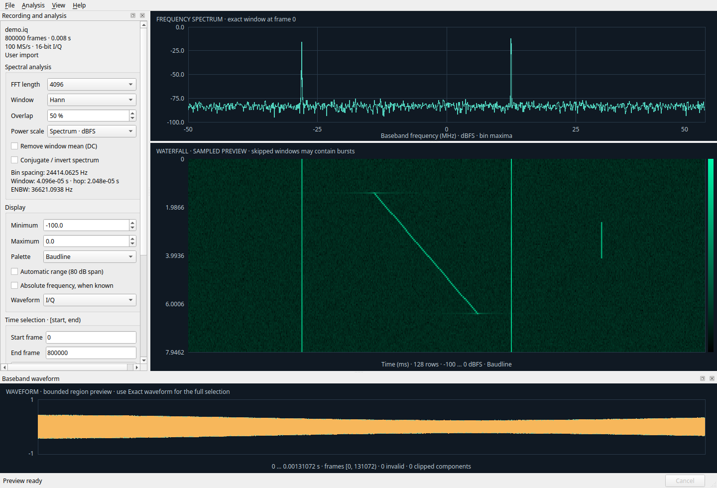 CroccoSpectrum: viste dello spettro, waterfall e forme d'onda di una registrazione I/Q